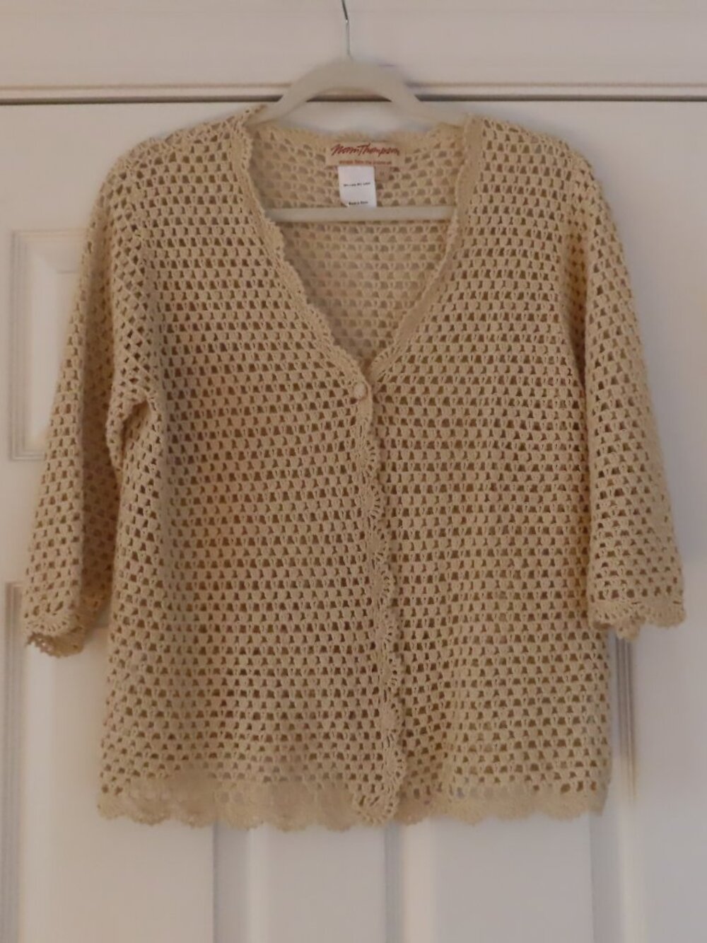Norm Thompson Womens Cream Crochet Linen Cotton Cardigan Sweater Cottagecore Med